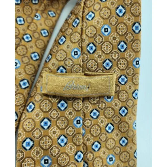 BRIONI Gold Luxury Designer Geometric Print 100% Silk Necktie Made in Italy
